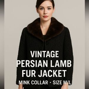 Vintage Women’s SZ M/L Black Persian Lamb Fur Swing Coat W/Brown Fur Mink Collar
